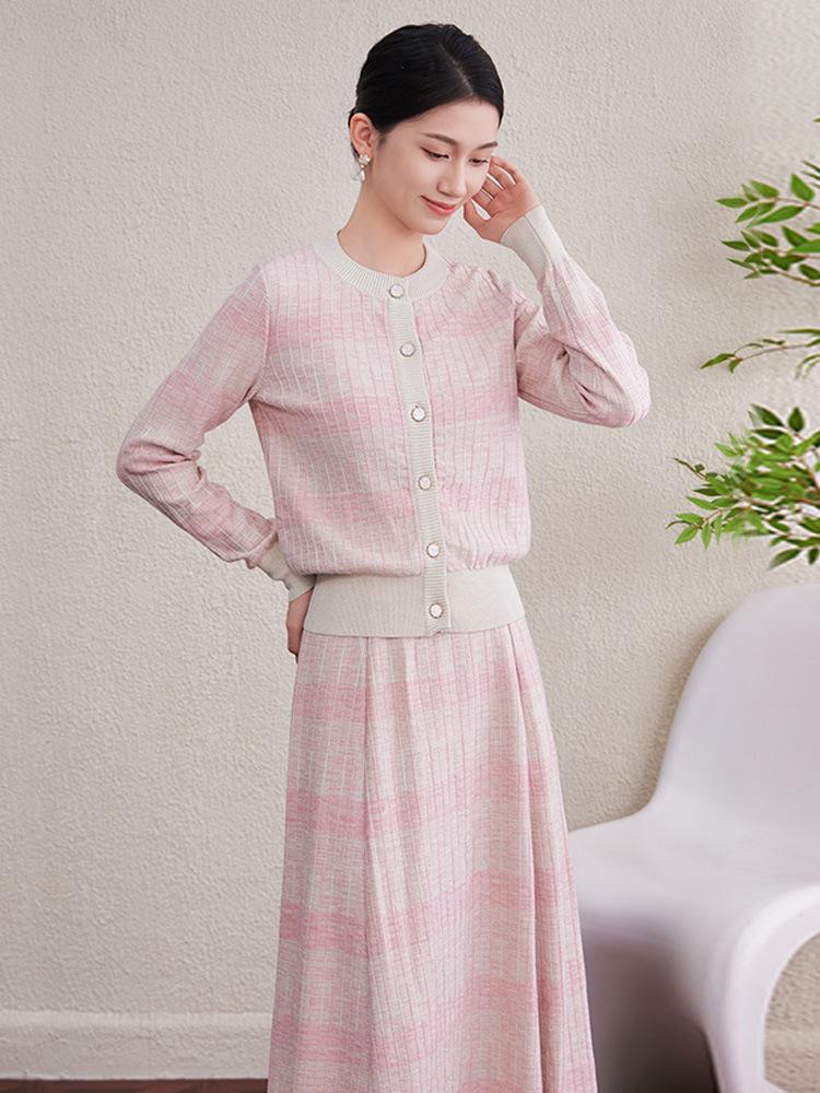 2025 Autumn/Winter Women's Retro Tencel Stripe Knit Top & Midi Skirt Set