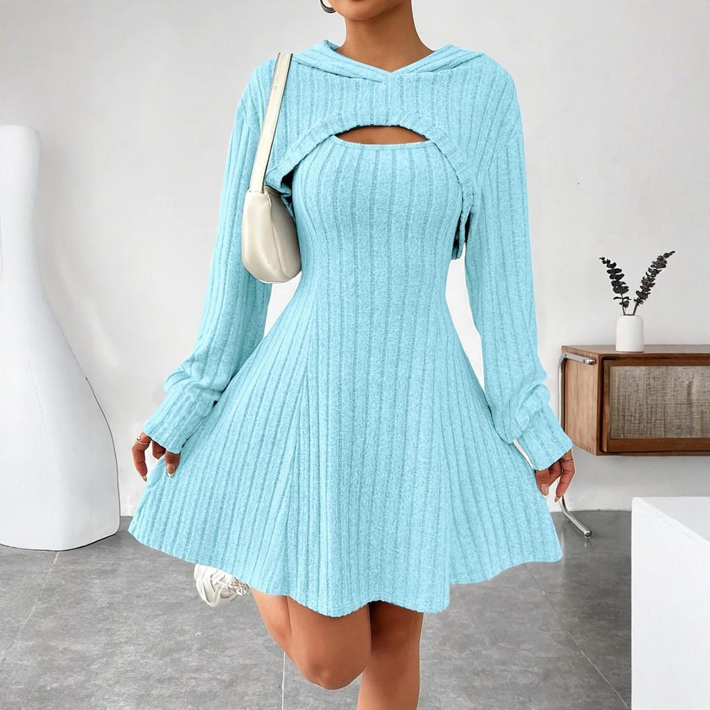 Women's Fashionable Casual Solid-color Long-sleeved Hooded Short Top + Sleeveless Dress Set