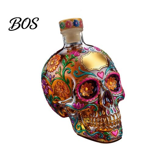Floral Skull Design Decanter Gothic Decanter, Hand Painted Glass Liquor Bottle with Stained Design, 3D Carved Wine Dispenser for Home Bar, Halloween