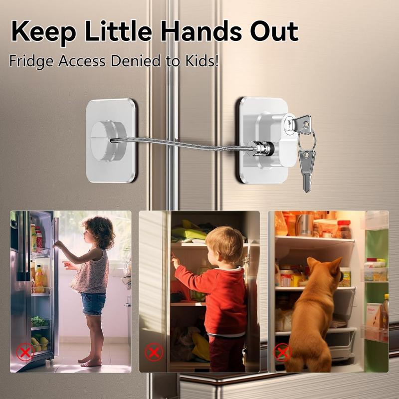 Combination Refrigerator Lock No Drill Adhesive Mount Heavy Duty Steel Cable for Home Kitchen Fridge Cabinet Drawer