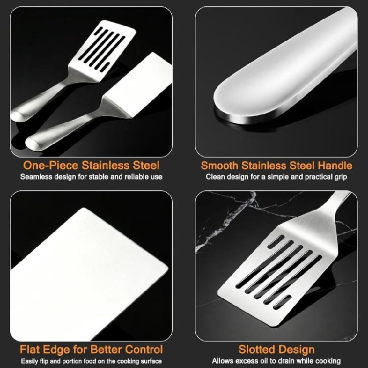Small Stainless Steel Barbecue Turner Set, 2 Piece Metal Cooking Spatulas for Grill and Stovetop Use, Smooth Turner Tool for Steak, Fish, Vegetable