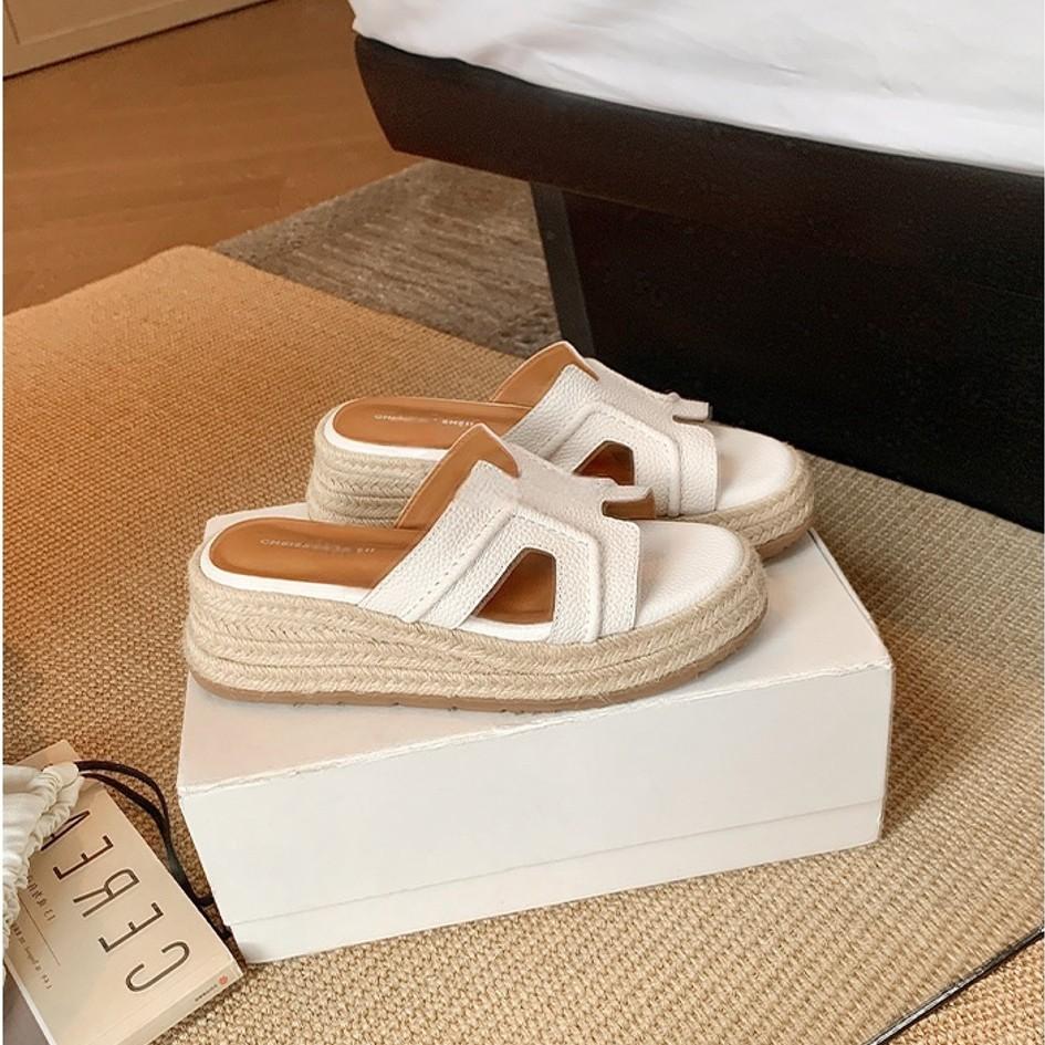 Cowhide version~ Holiday H-type hemp rope woven slippers women's outer wear slope heel thick bottom beach cool slippers summer