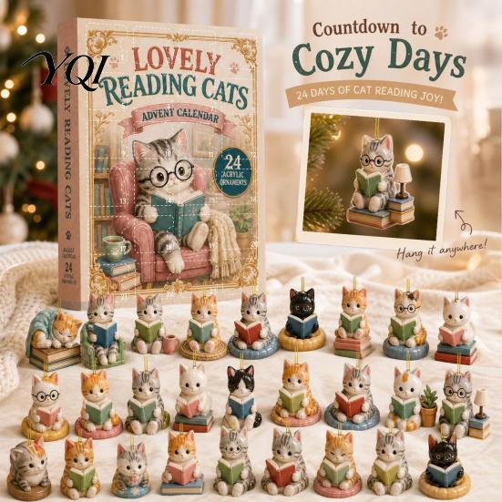 Christmas Tree Hanging Decorations Reading Cat Advent Calendar 2026, Cute Kitten Acrylic Ornaments 24 Days Countdown Unique Box Calendar, Pcs Cartoon