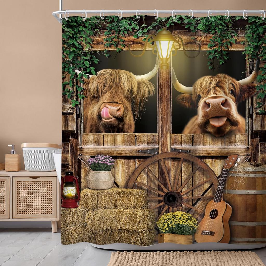 Funny Cow Shower Curtain With Western Bull & Donkey Design – Rustic Barn Door Farm Animal Bathroom Decor