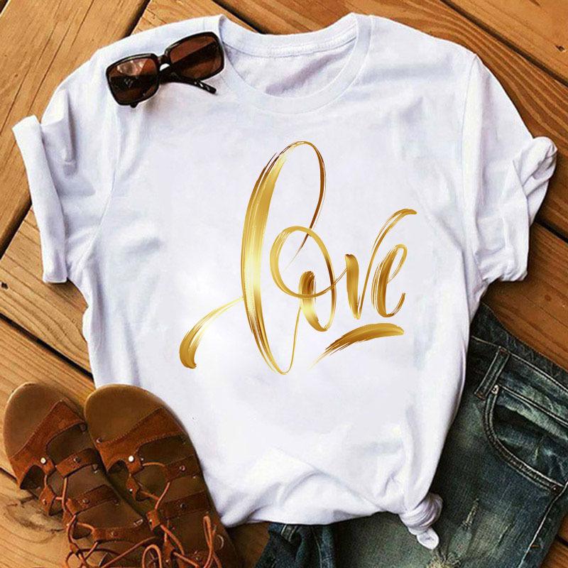 Summer Love Love Printed Fashion Cartoon White Loose Round Neck Pure Cotton Short Sleeved Top T-Shirts Women’s