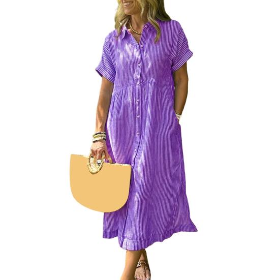Striped Lapel Button Down Shirt Dress with Pockets Summer Casual Short Sleeve A-line Long