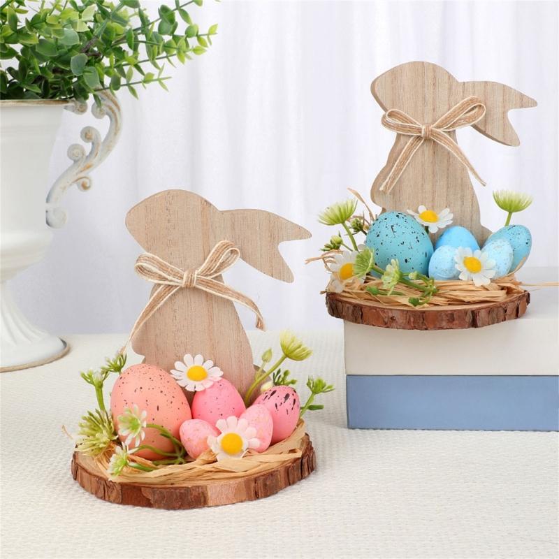 Hand Carved Wood Easter Hare Ornament Wooden Animal Figurine Festival Decoration For Mantels Tabletop Shelf Display