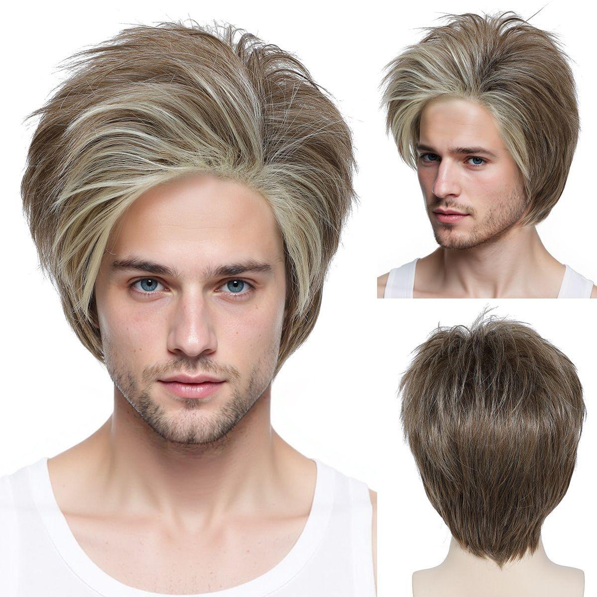 Men s Wig: Short, Straight, Side-Parted, Brown-Blonde Synthetic Wig YN079