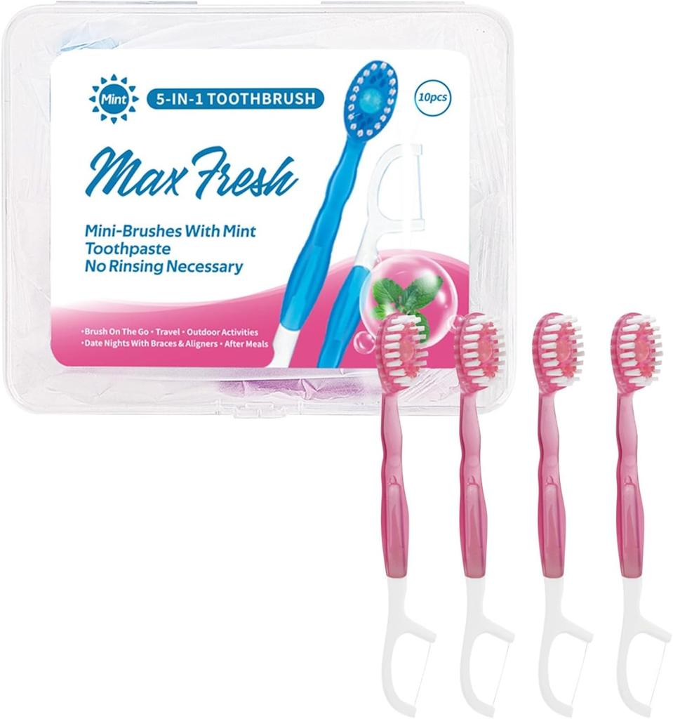 10PCS Mini 5 in 1 Toothbrush & Floss Travel Toothbrushes with Toothpaste Set with Floss+Pick Multifunctional Floss