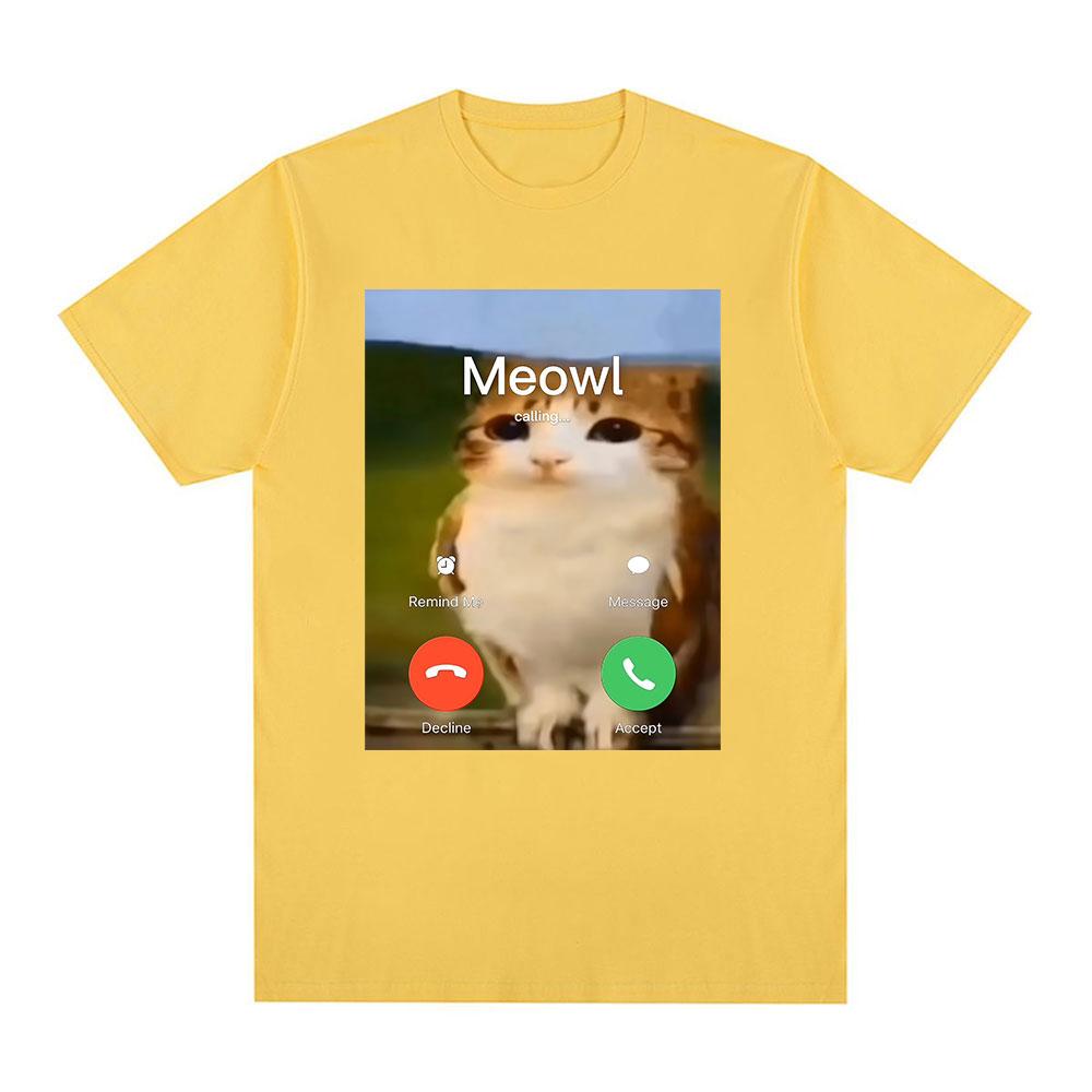 Meowl Is Calling Phone Call Meme Brainrot Funny Cat Owl Tshirts Mens Clothing Fashion Summer Short Sleeves Cotton T Shirts