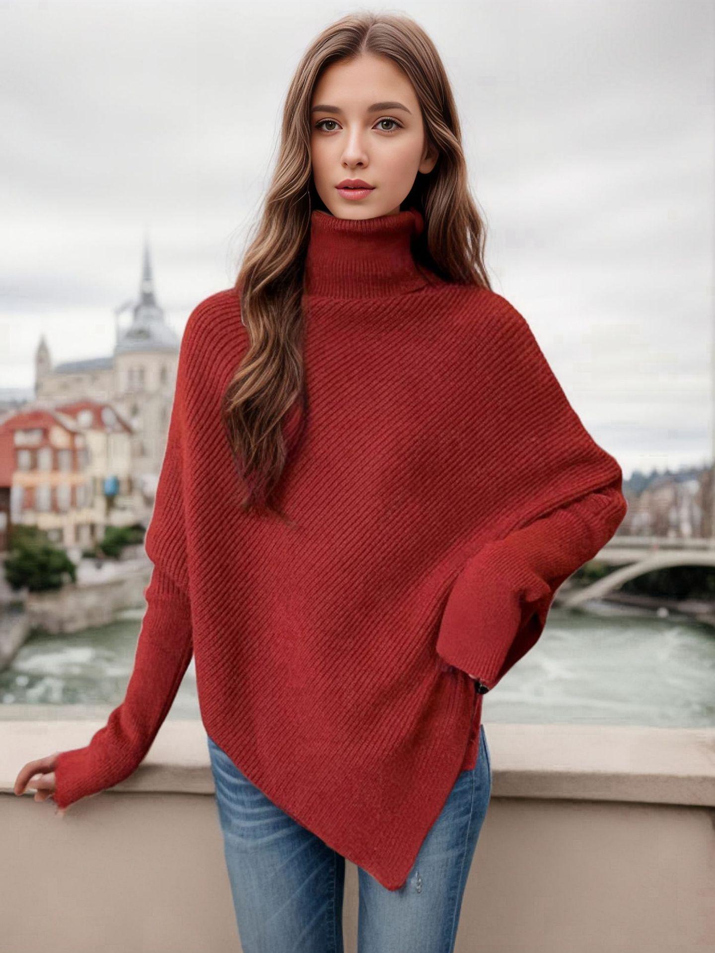 

Irregular Design Batwing Shawl Sweater with High Neck for Women Large