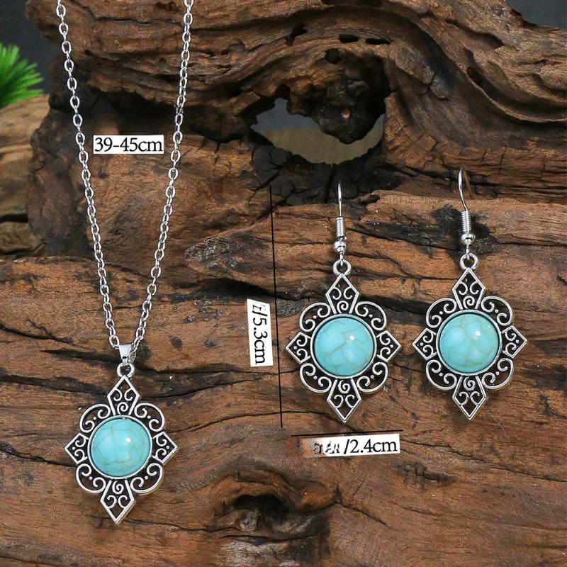 GemChic Women's New Vintage Ethnic Turquoise Geometric Carve Flower Pendant Necklace Earrings Two Piece Set Fashion Birthday Christmas Jewelry Gift