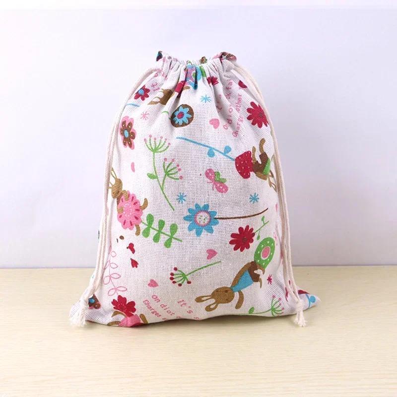 Cotton Linen Drawstring Bag Cute Cartoon Pattern Animal Plant Printed Pouch Dustproof Storage Bag Gift Packaging Bags