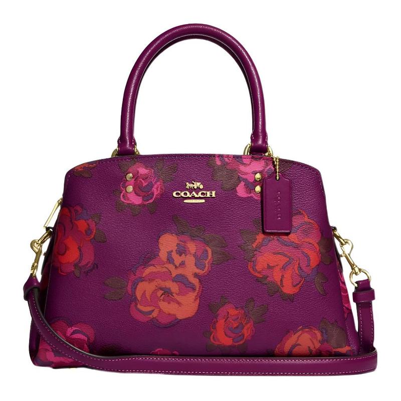 

COACH Lillie 26 classic old flower all over floral print coated canvas and leather shoulder crossbody handbag mini women s dark magenta червоний