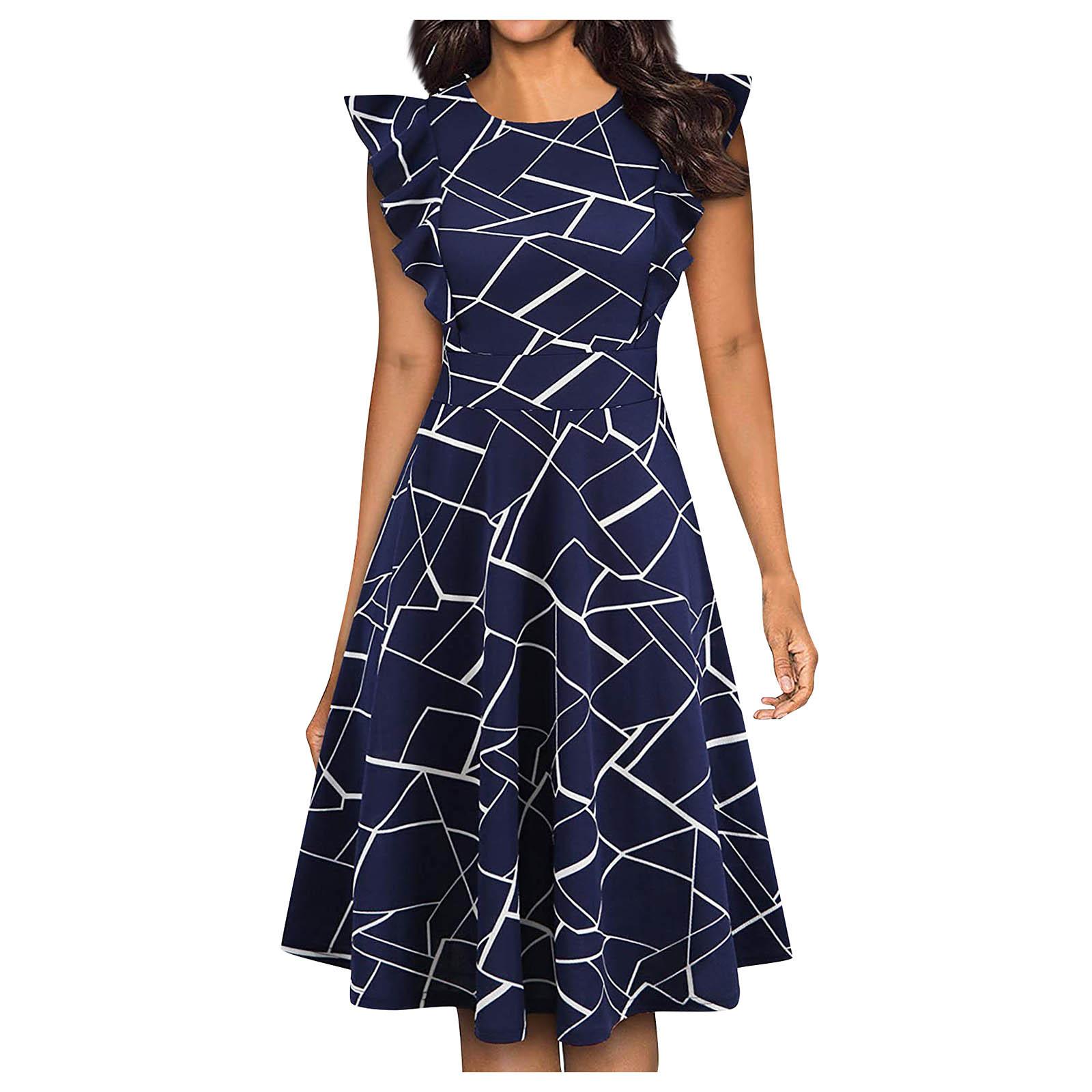 

Летнее женское плиссированное платье с коротким рукавом и круглым вырезом в стиле ретро со средней талией и принтом XL синий