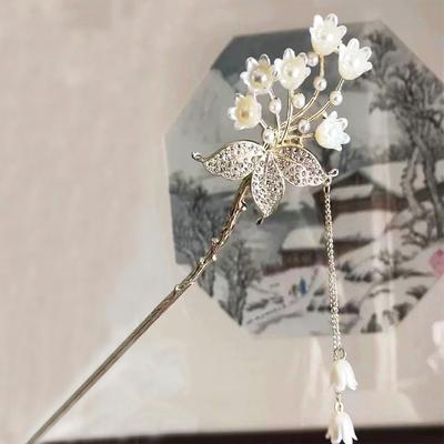 Vintage Lily of the Valley Hair Sticks Chinese Pearl Rhinestone Tassel Hair Chopstick Hairclips Disk Sticks Hairpins Headdress