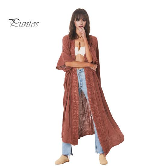 Cardigan de plajă pentru doamnă Cremă solară Anti-UV Mâneci lungi Dantela Stil boem Bikini acoperire Lungime la gamba subțire Haina de vacanță în stil liber de zi cu zi