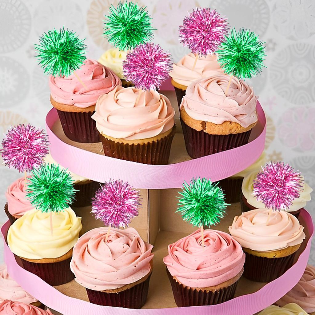 100Pcs Witch Themed Foil Firework Cupcake Toppers Wicked Cupcake Toppers Pink & Green Sparkle Tinsel Cake Toppers Cake Decoratio