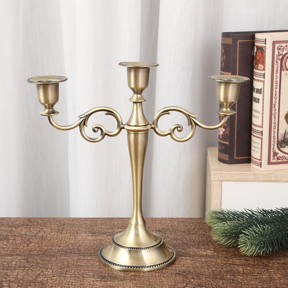 Vintage Metal Candle Holder Elegant Exquisite Design Candlestick Holder High Gloss 3 Arms Candle Holder Dining Tables