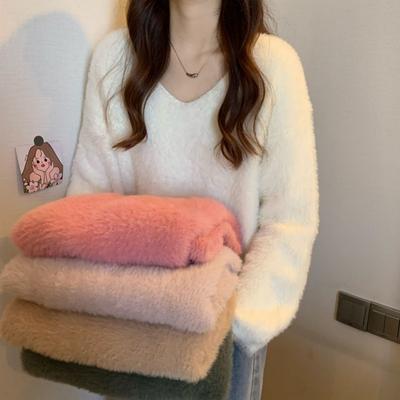 Imitatie Nerts Bont Zachte Warme Truien Dames Herfst Winter Kleding Lange Mouw V-hals Dames Truien Tops Mode Casual Losse Jumpers 25371