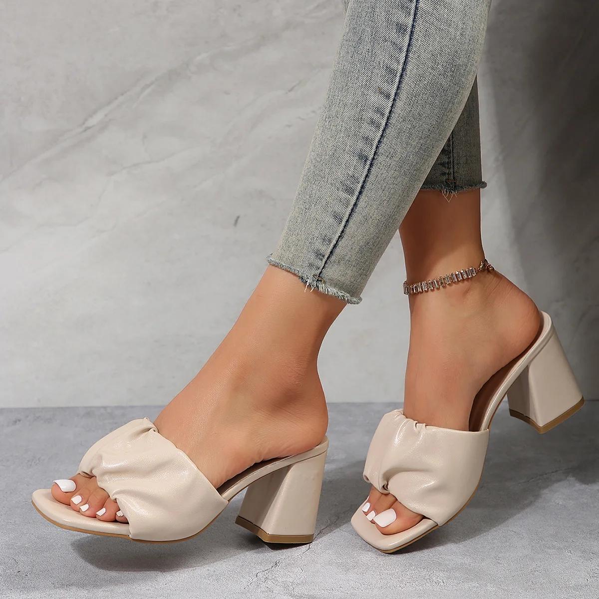 Fashion Elegant Women Summer Street Style Shoes Cozy PU Leather Clip Toe Design Slippers Fashion Square Low Heels Sandals 35 3377₽