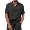 2Pcs/Set Men Summer Outfit Stand Collar Buttons Neckline Short Sleeve T-shirt Elastic Waist Drawstring Pockets Long Pants Set
