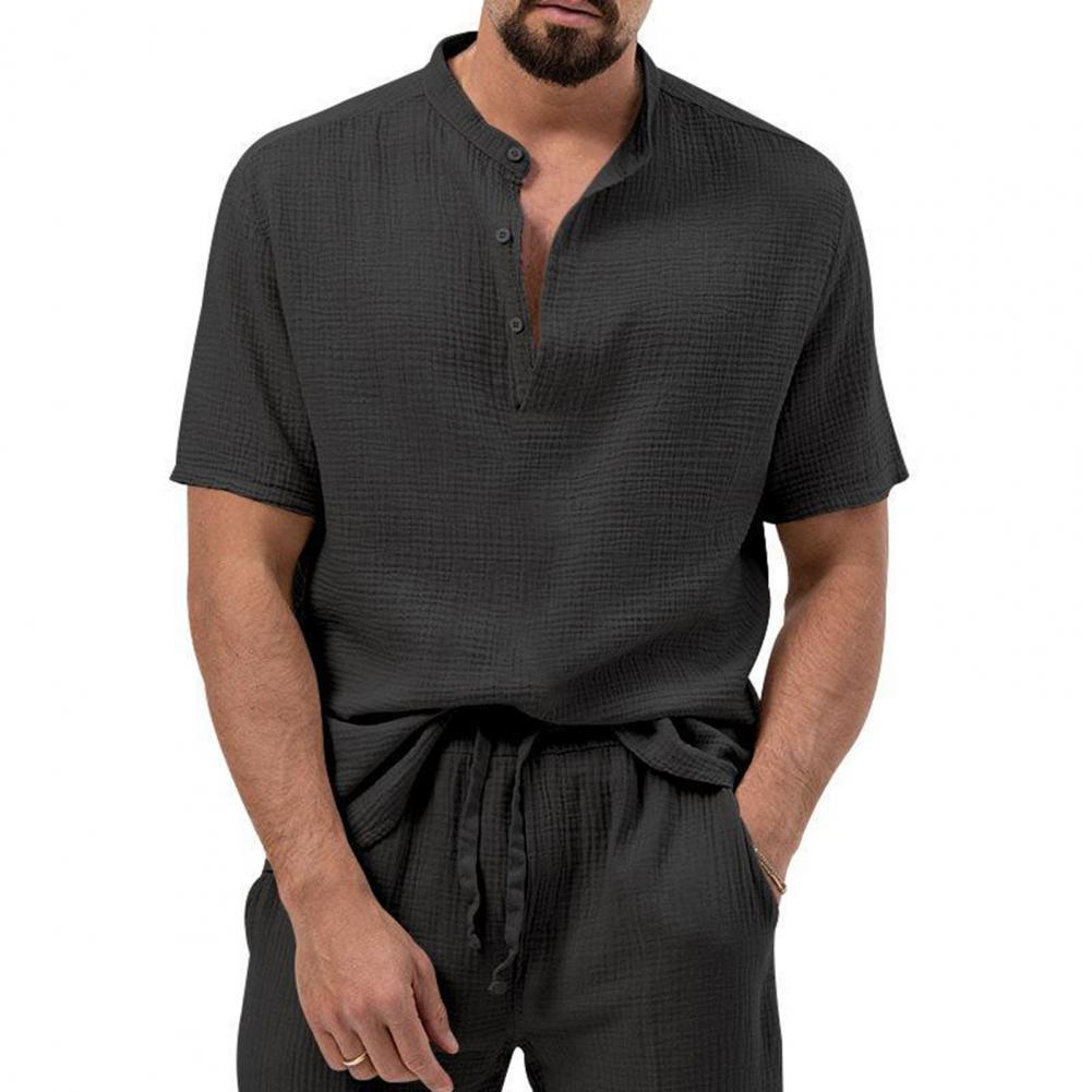 2Pcs/Set Men Summer Outfit Stand Collar Buttons Neckline Short Sleeve T-shirt Elastic Waist Drawstring Pockets Long Pants Set