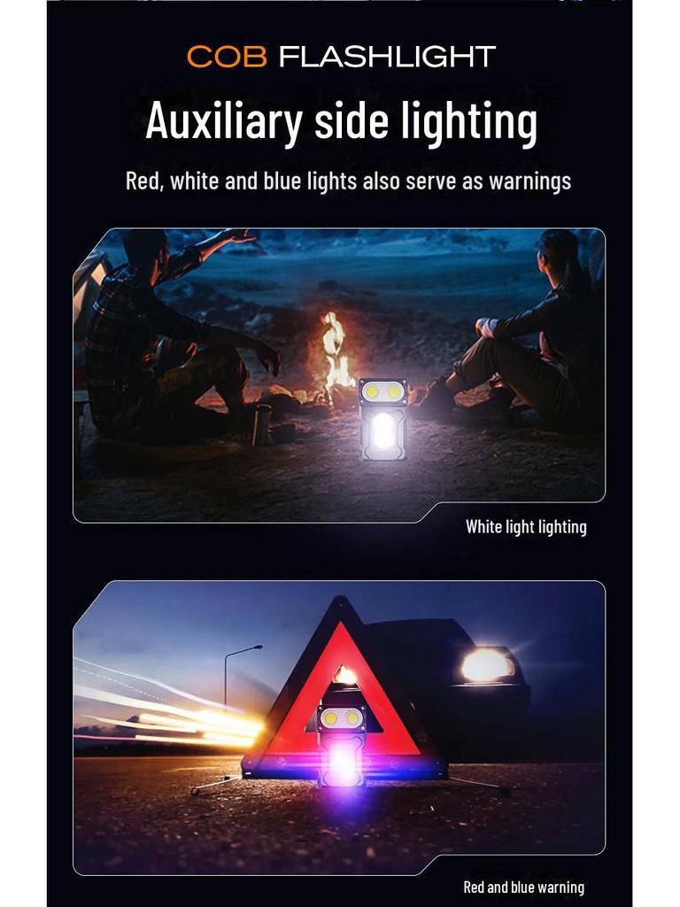 Super Bright Portable LED Flashlight with COB Side Light, Long-lasting Battery, and Warning Light for Outdoor and Work Lighting