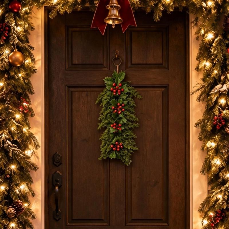 Indoor Seasonal Wall Decoration for Christmas Display with Artificial Plant Red Fruit Detail and Hanging Loop Placement Use