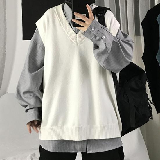 Men Sweater V Neck Solid Color Sleeveless All Match Spring Sweater for School