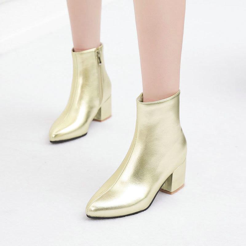 New Fashion Zipper Women's Short Boots Size Coarse Heel Women's Boots Gold Silver High Heels Dance Shoes