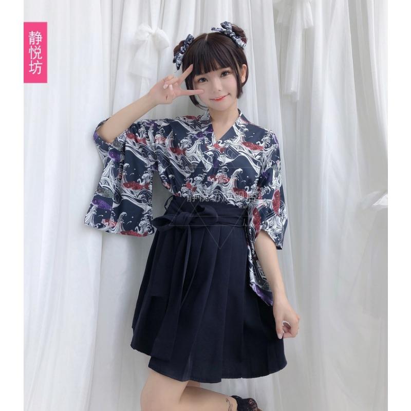 Yayaha handle carp flag and style print improvement and clothing top pleated skirt long skirt yukata kimono