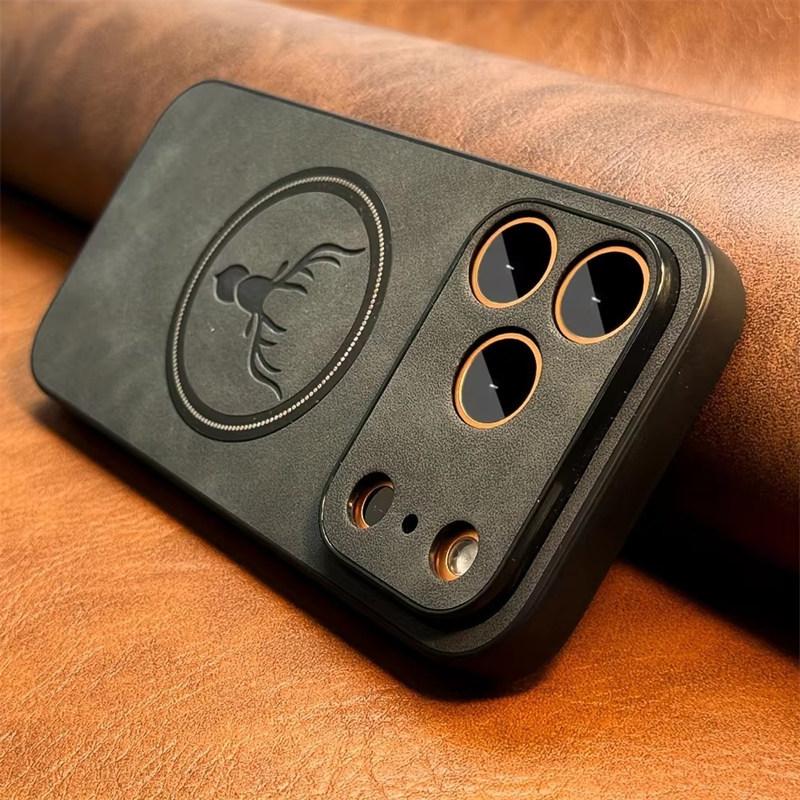 Luxury PU Leather Deer Case for IPhone 17 Air 16 15 14 13 12 11 Pro Max Plus 16E for Magsafe Wireless Charge Shockproof Cover