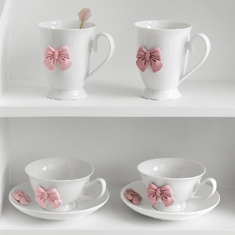 200ML Bow Ceramic Coffee Cup and Saucer Tableware Set Cute Girl Heart Cup and Saucer Set Afternoon Tea Latte Birthday Gift