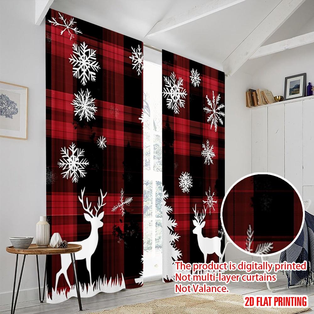 2pcs,2D plane printing Creative Curtains Buffalo Plaid Deer Snowflakes (4) Versatile Polyester (without rod) Festive Perfect for