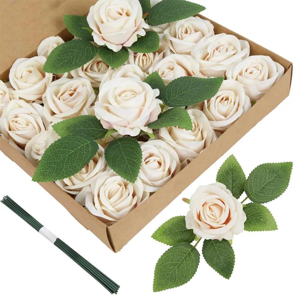 Artificial Flowers Velvet Roses 50 PCS Real Look Roses Bouquet Flowers for DIY Wedding Party Baby Shower Home Decoration