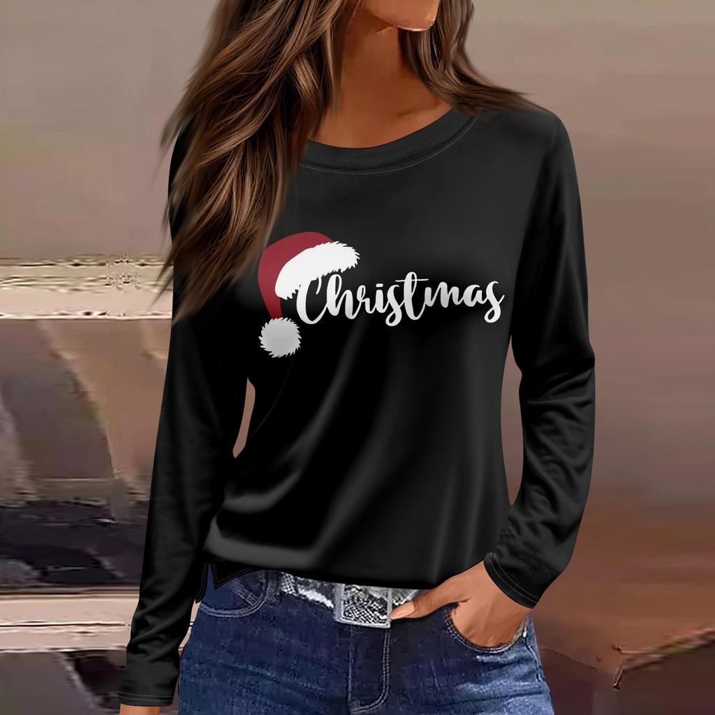 Women's Fashion Casual Slit Hem Round Neck Long Sleeve Loose Printed T-Shirt Ladies Top