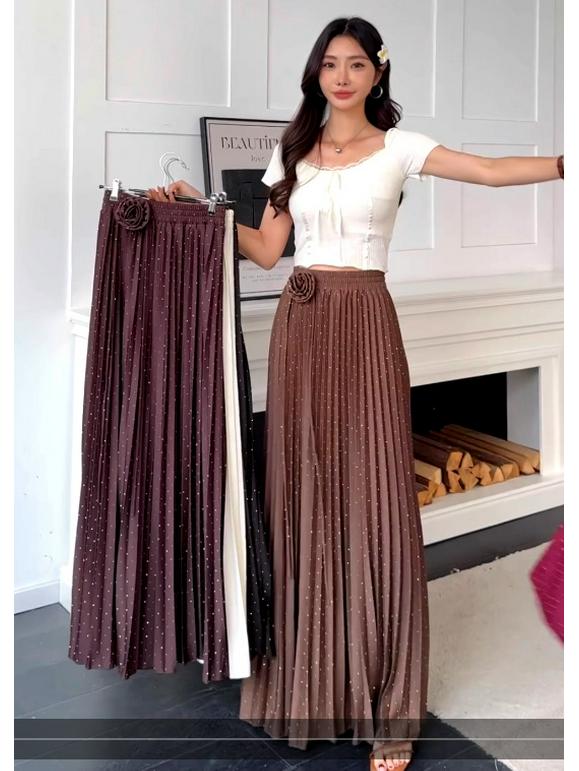 Jupe trapèze plissée à taille haute ornée de perles florales - Jupe longue amincissante pour femme, Arrivage Printemps 2026