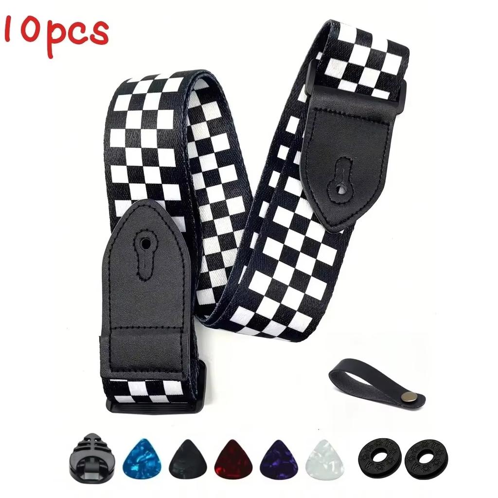 Guitar Strap 7Pcs/Set Black PU Leather + Cotton for Ukulele Bass Musical Instrument Accessories