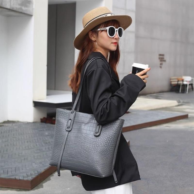 Genuine Leather Tote Bag Women's Korean Version Simple Crocodile Print Top Layer Cowhide Handbag Shoulder Bag