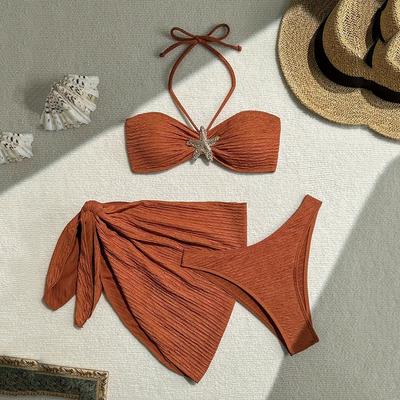 Metalen Zeester Bruine Bandeau Bikini Sets 3 Delig Sexy Zwempakken Cover-up Dames 2025 Vakantie Zwemkleding Hoge Uitsnijding Zwembroek Strandkleding