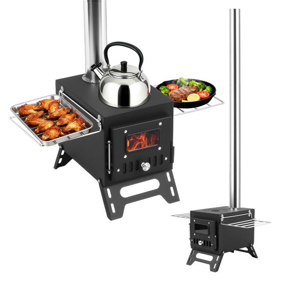 Wood Burning Stove with 5 Pipes Accessories, Large Firebox Heating Cooking Hot Tent Stove, Portable Stainless Steel Stove for Outdoor, Camping,