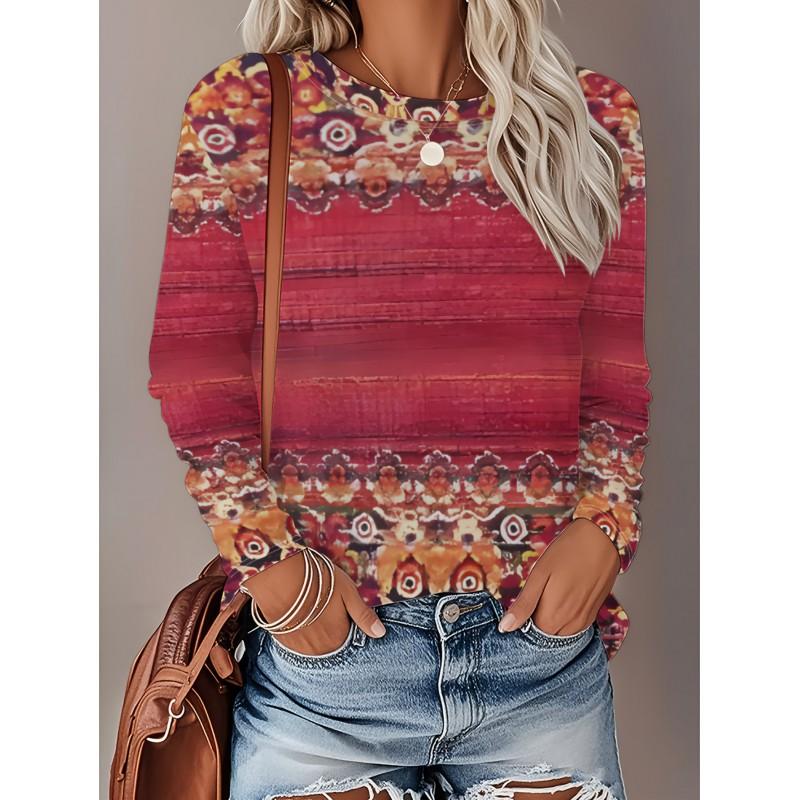 Womens Loose Fit Long Sleeve Round Neck T-Shirt With 3D Dinosaur Christmas Tree Print Milk Silk Fabric