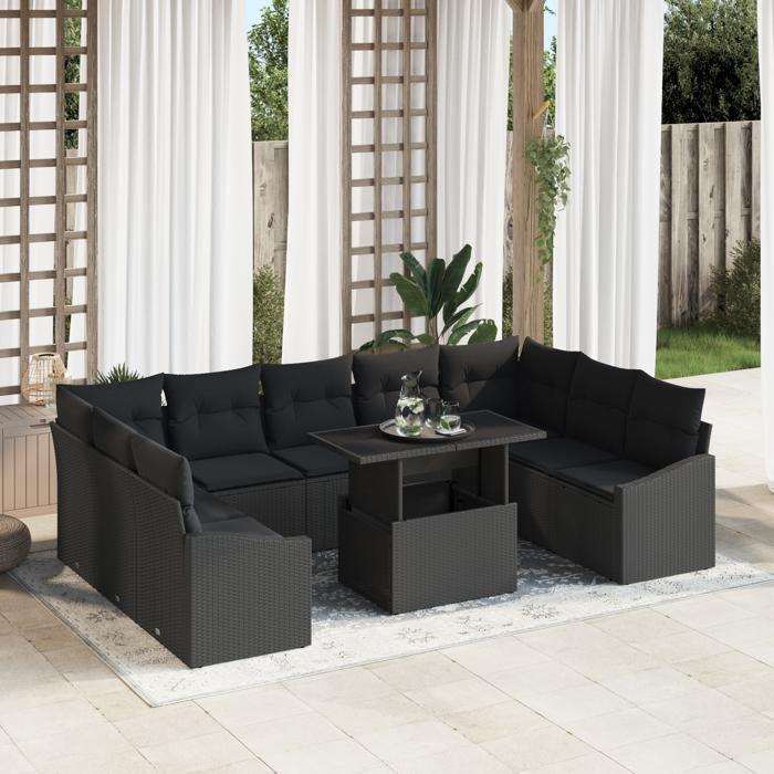 VidaXL Ensemble de salon de jardin 10 pièces avec coussins Noir Poly Rattan 3349069