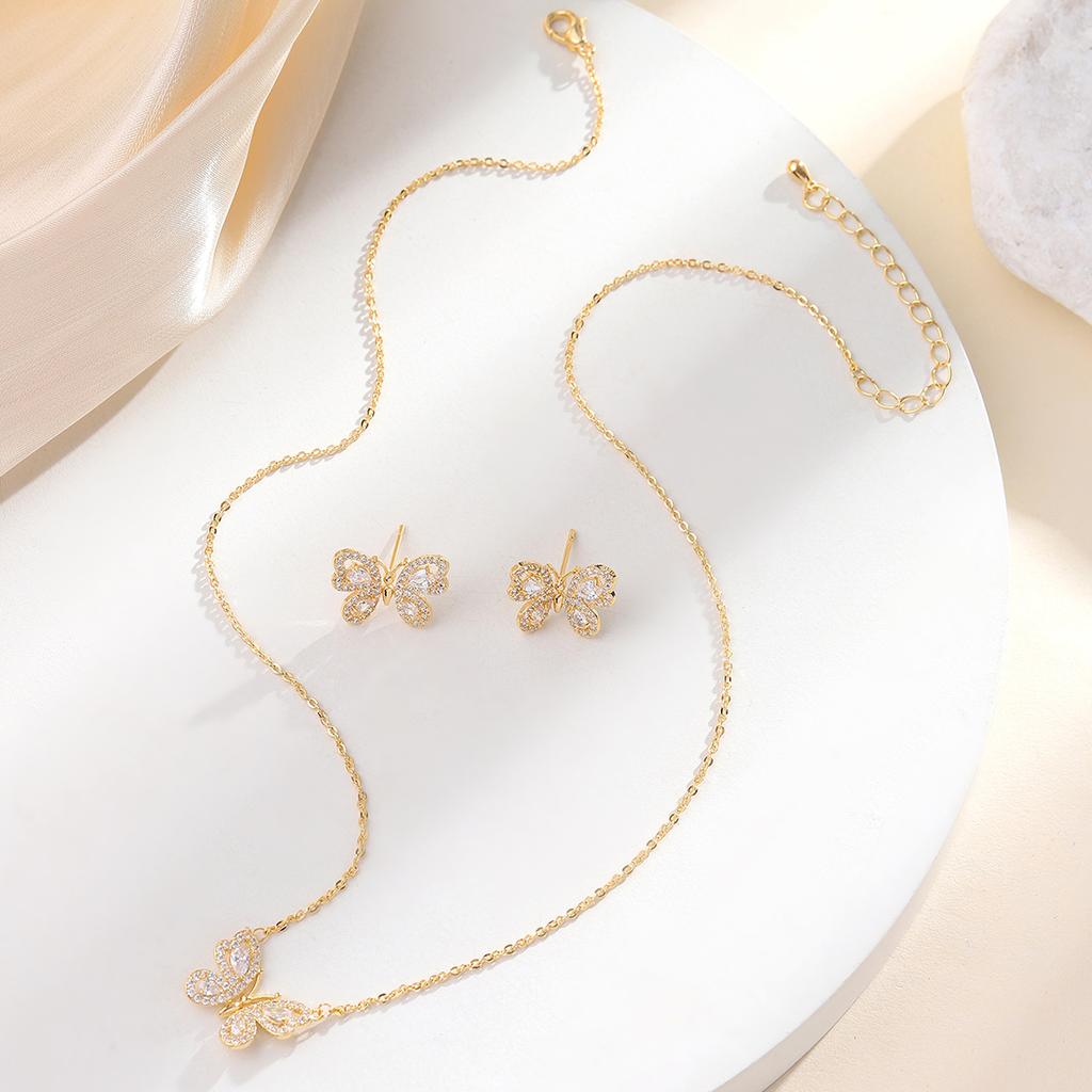 Trendy Butterfly Jewelry Sets Pave Zircon Shiny Rhinestone Gold Plated Clavicle Chain Earrings Women Girls Elegant Accessories