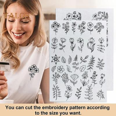 2 Sheets Water Soluble Embroidery Stabilizer DIY Stick Stitch Embroidery Paper with Pre-Printed Flowers Leaves Animals Pattern Beginners Sewing Lover