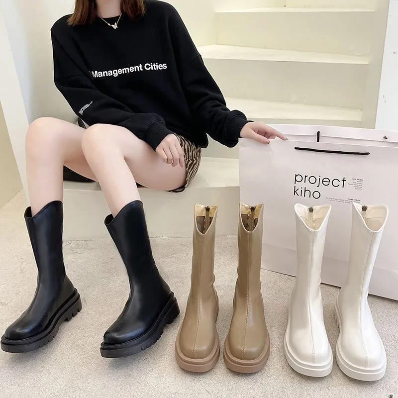 Skinny thick-soled flat-bottomed medium boots New round-headed British style student black Martin boots Skinny boots