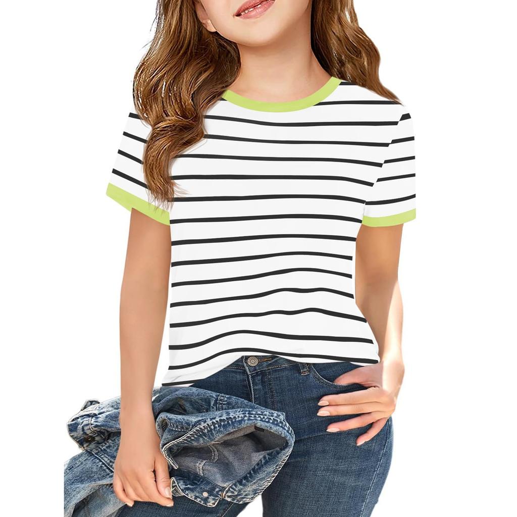 Girls' Striped Raglan Tee - Casual Short Sleeve Round Neck T-Shirt