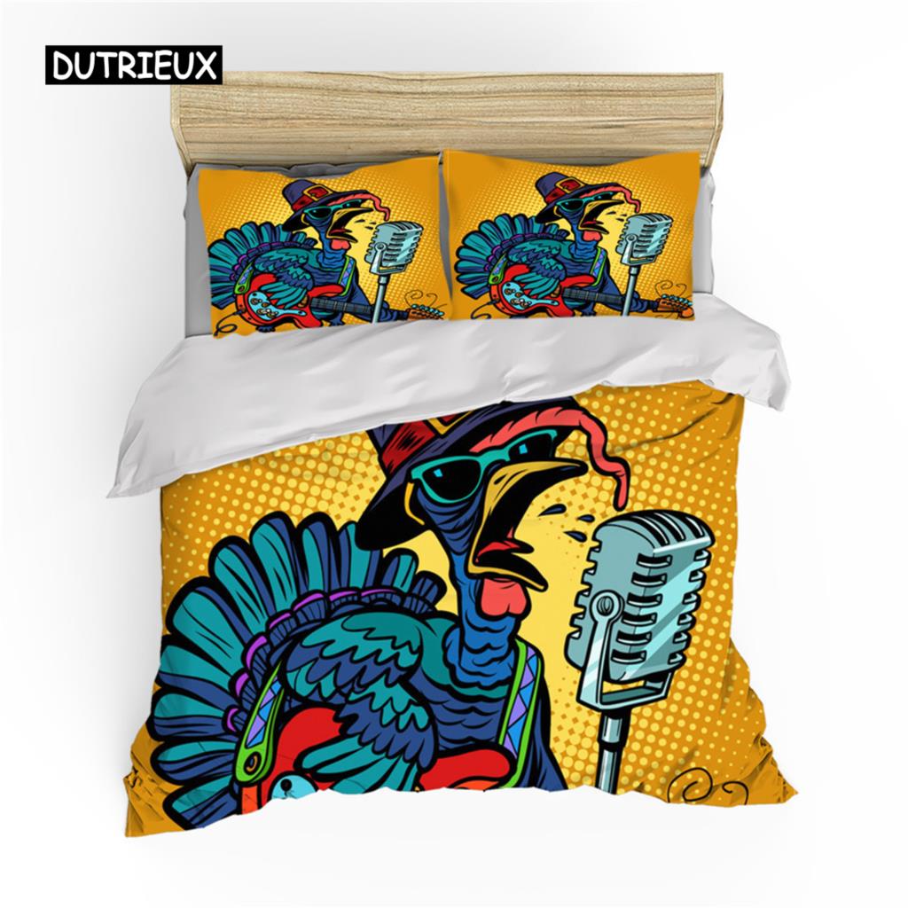 Autumn Thanksgiving Day Duvet Cover King Queen Cartoon Orange Pumpkin Turkey Bedding Set Maple Leaves Soft Polyester Quilt Cover