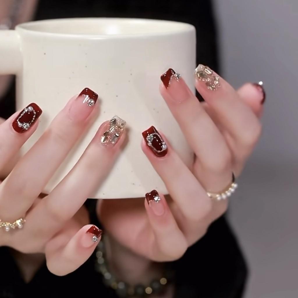 Transparent Artificial Nail Shining Diamond Short Style Sweet Wearable Manicure